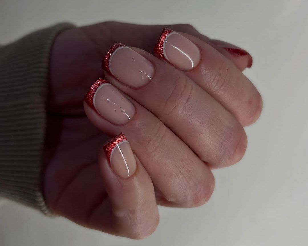 Glossy With Glitter Red Glitter French Tip Manicure — Short Christmas Nails 2026