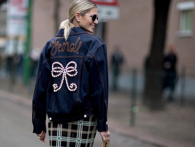 Embellished Dark Wash Denim Jacket with Pearl Bow — Denim Jackets 2027