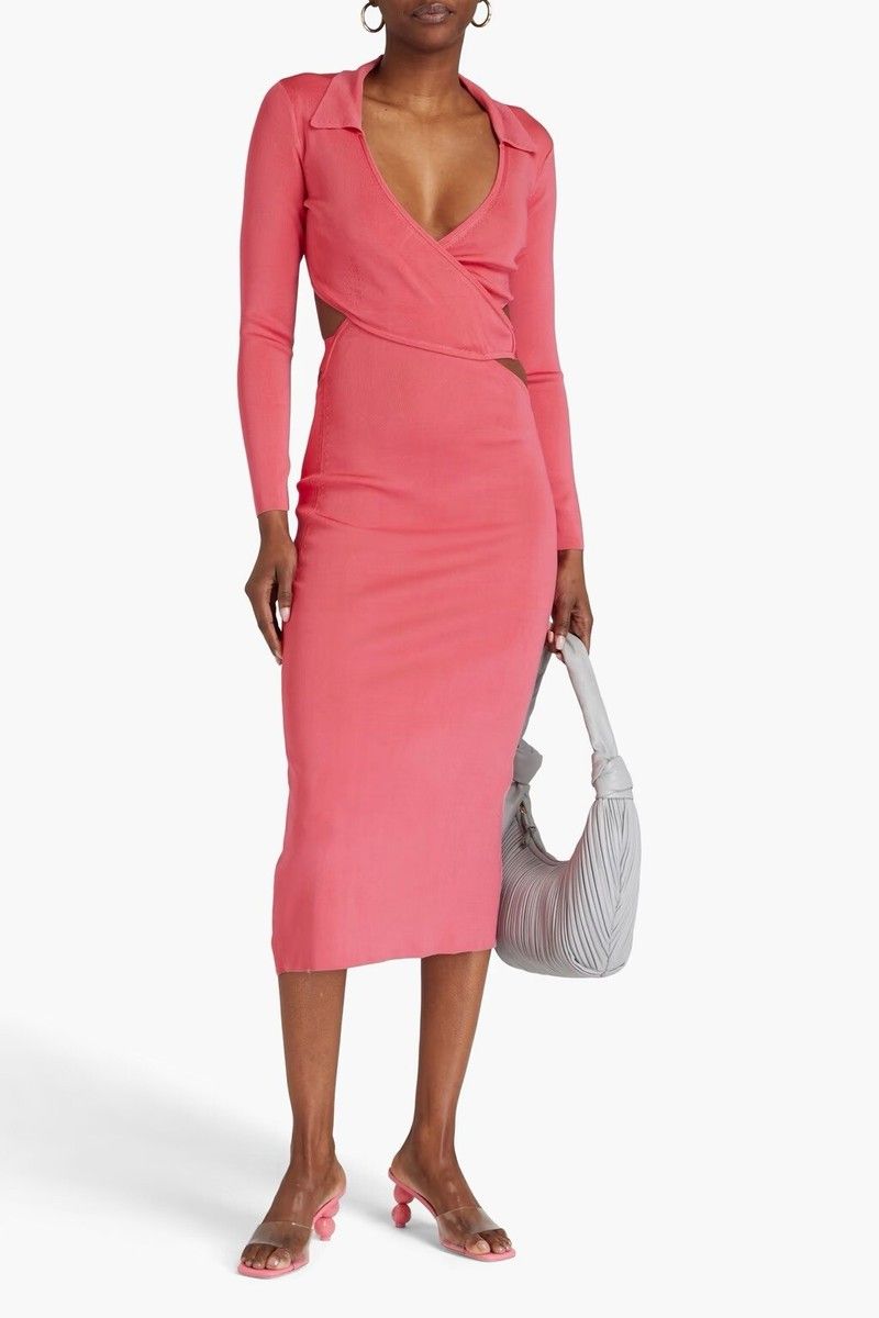 Coral Knit Wrap Midi Dress with Cutout Detail Coral Knit Wrap Midi Dress with Cutout Detail — Shrink Wrap Outfits 2027