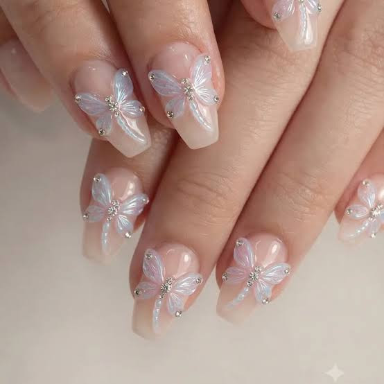 Short Milky 3D Butterflies — Butterfly Airbrush Nails 2027