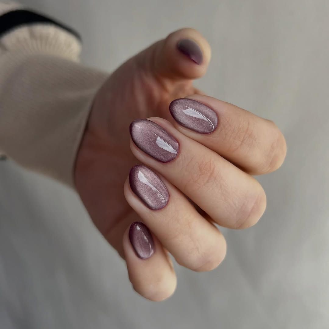 Shimmery Muted Plum Cat-Eye Oval Nails Shimmery Muted Plum Cat-Eye Oval Nails — Professional Nails 2027
