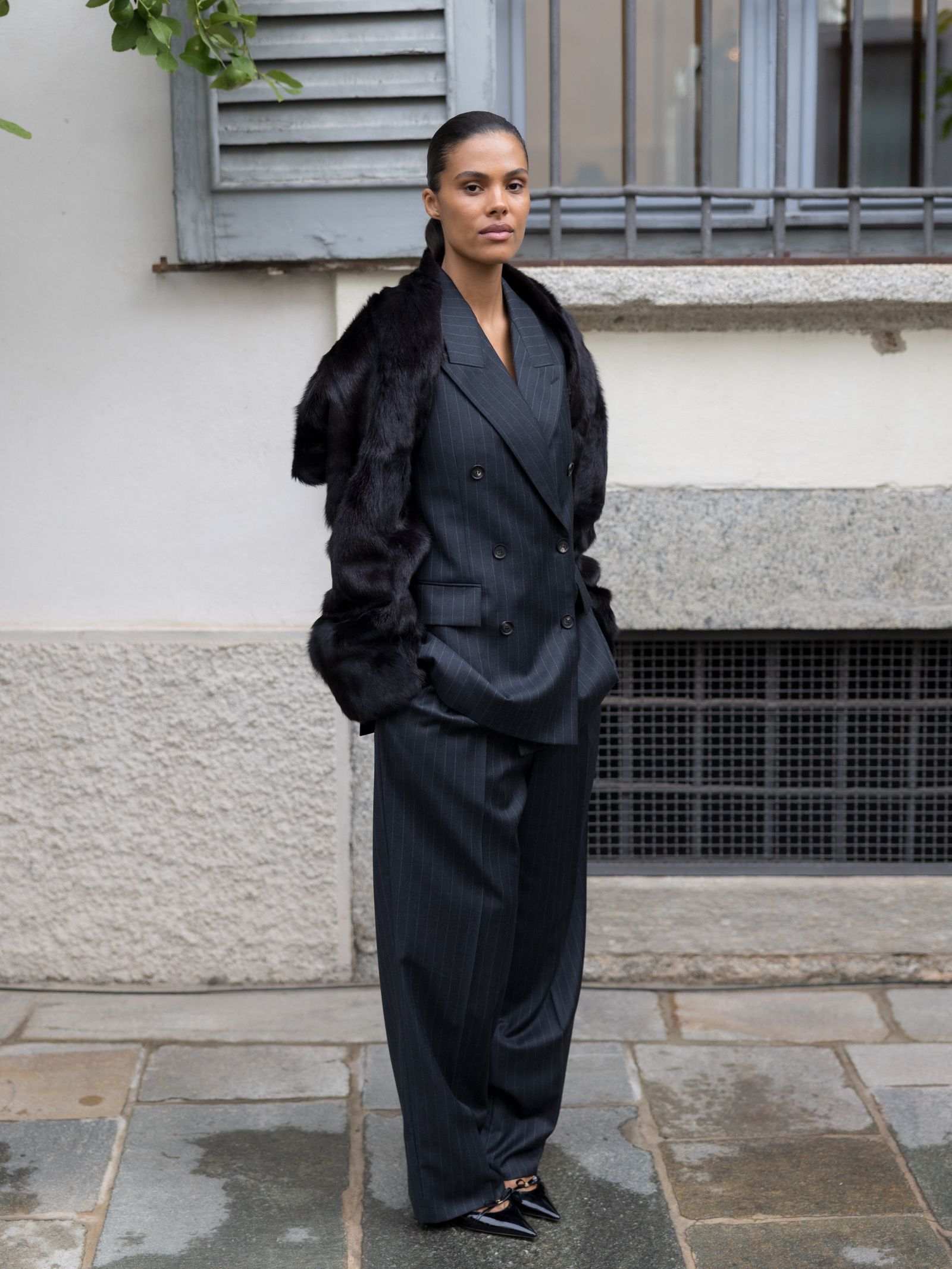 Pinstripe Power Suit with Dramatic Faux Fur Stole Pinstripe Power Suit with Dramatic Faux Fur Stole — Winter Office Outfits 2027