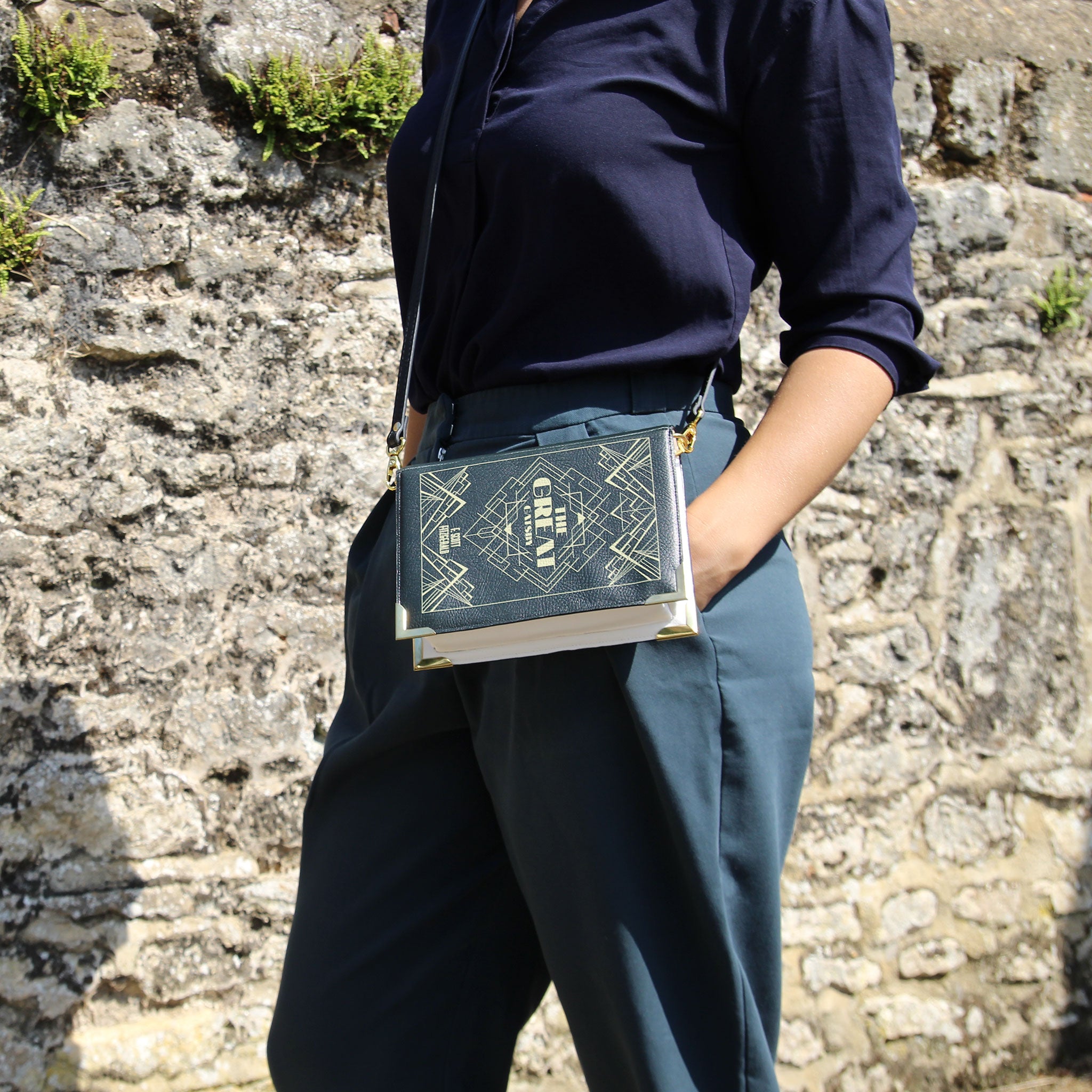 Navy Blouse and Wide-Leg Trousers with Book Handbag — Gatsby Outfits 2027