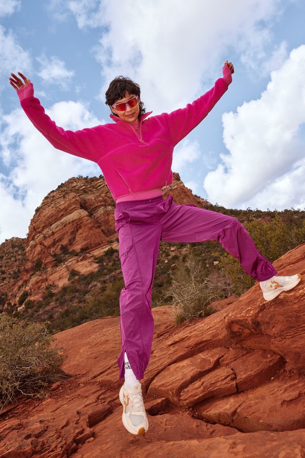 Bright Pink Fleece Pullover with Purple Cargo Pants — Athletic Hiking Outfits 2027