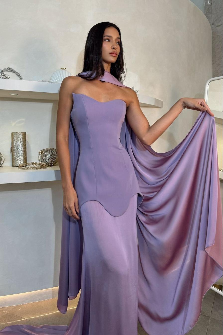 Lavender Satin Strapless Prom Dress with Scarf Detail Lavender Satin Strapless Prom Dress with Scarf Detail — Purple Prom Dresses 2027