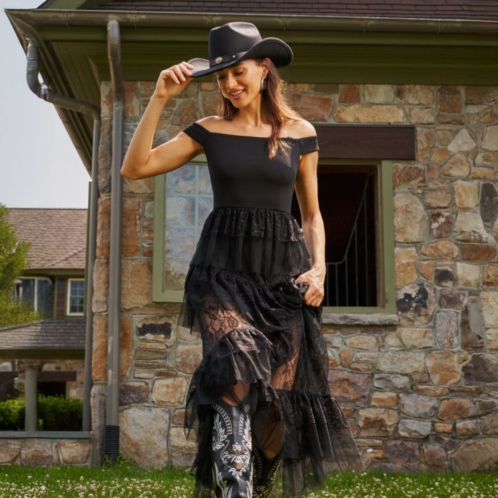 Rustic Black Lace Maxi with Cowboy Boots Rustic Black Lace Maxi with Cowboy Boots — Wedding Guest Outfits Barn 2027