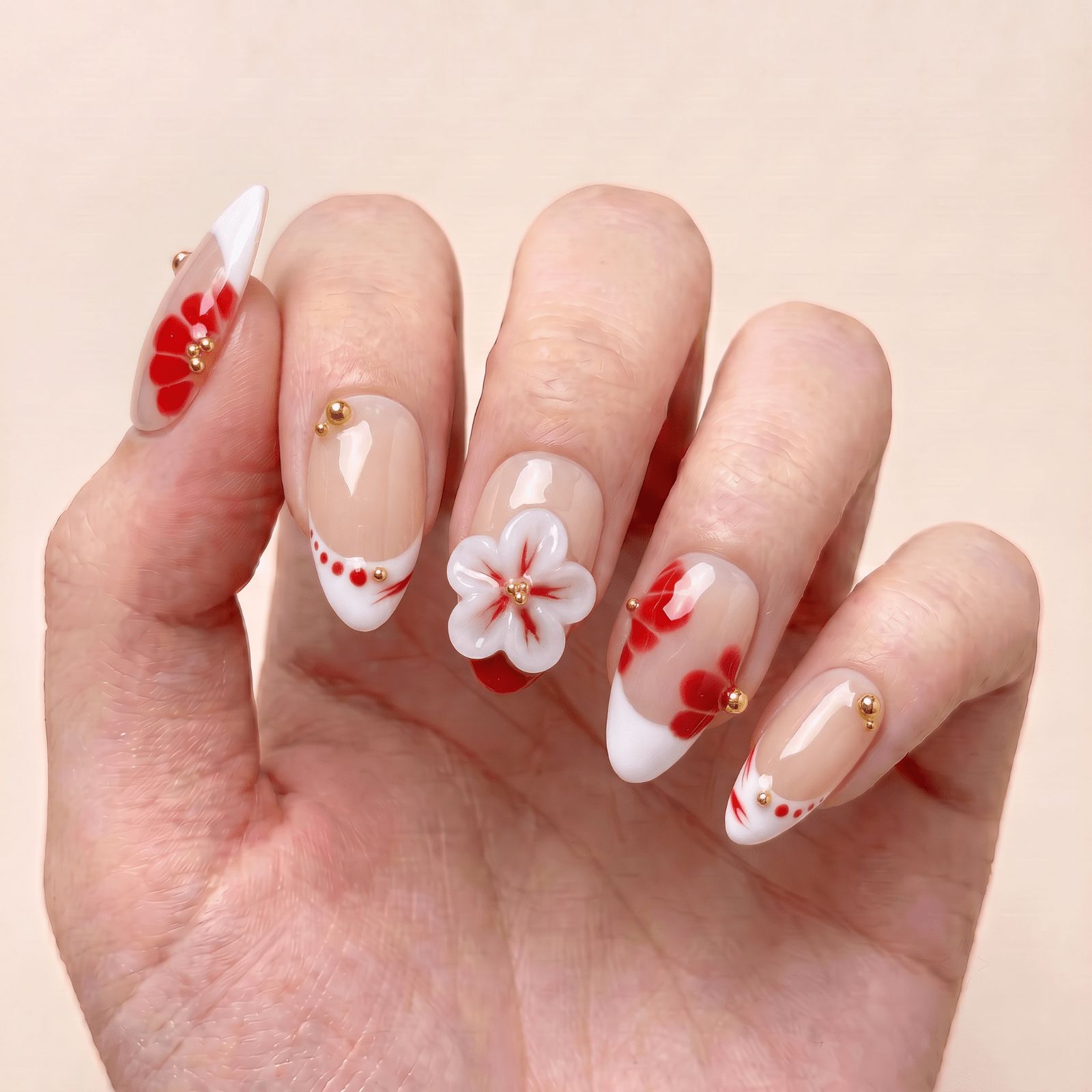 Nude French Red Floral Accents Nude French Red Floral Accents — Painted Petal Nails 2027