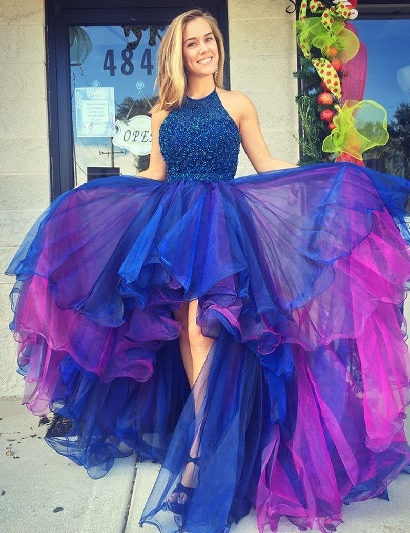 Royal Blue Halter Neck Beaded Dress with High-Low Skirt Royal Blue Halter Neck Beaded Dress with High-Low Skirt — Junior Prom Outfits 2027