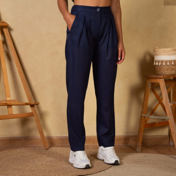 White Sneakers Outfit Idea — Navy Blue Linen Pants Outfits 2027