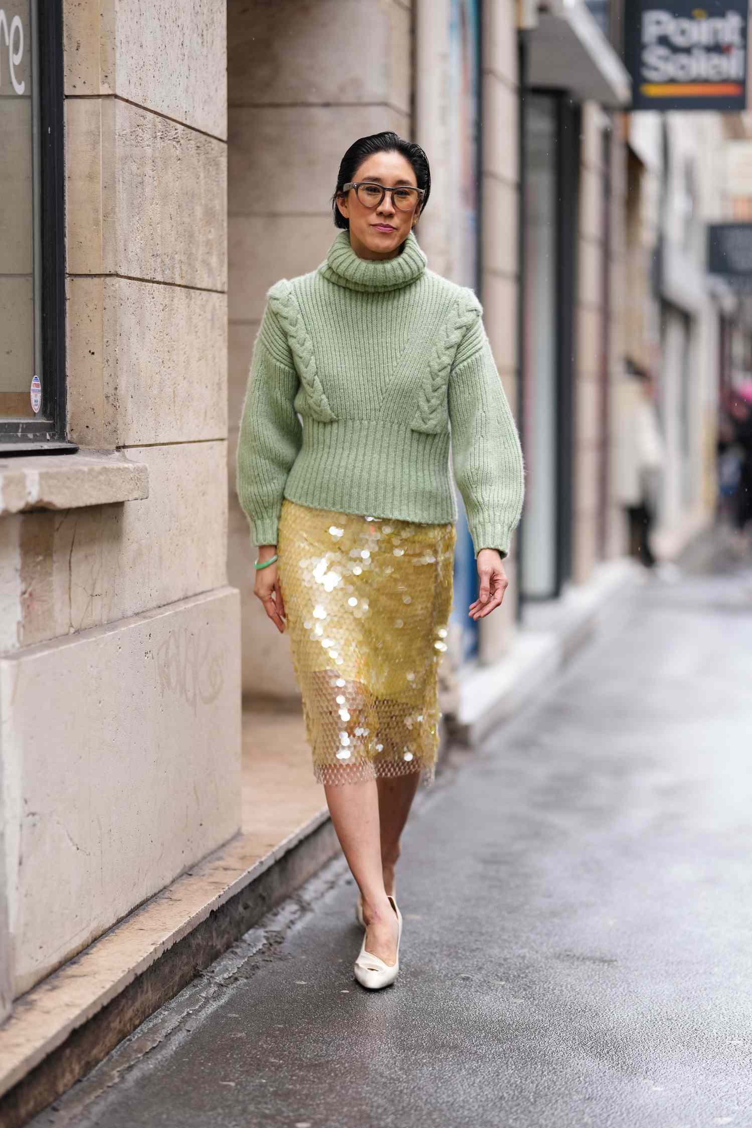 Light Green Chunky Sweater with Yellow Sequined Midi — Sweater and Skirt Outfits 2027
