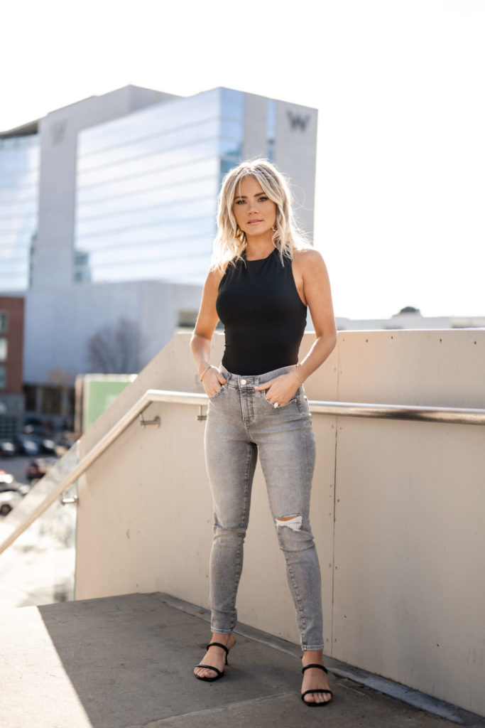 Black Top with Grey Ripped Jeans and Strappy Sandals Black Top with Grey Ripped Jeans and Strappy Sandals — Business Casual Outfits 2027