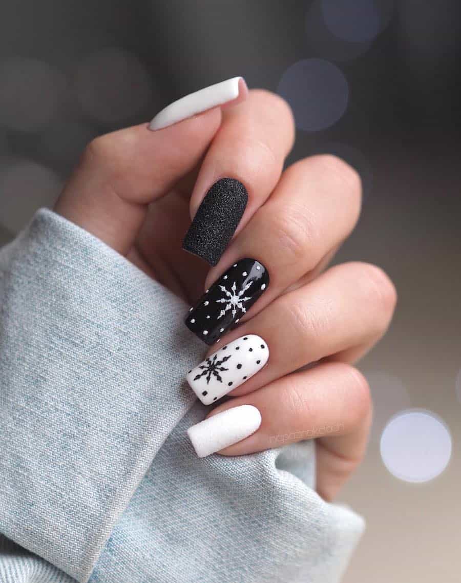 Black White Matte Glitter Snowflake Black White Matte Glitter Snowflake — Snowflake Nails 2027