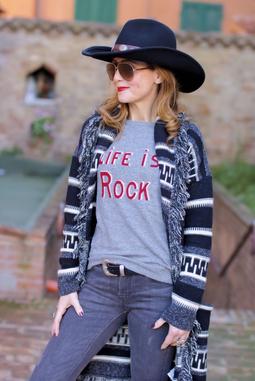 Long Patterned Cardigan and Black Cowboy Hat for Casual Western — Winter Western Outfits 2027