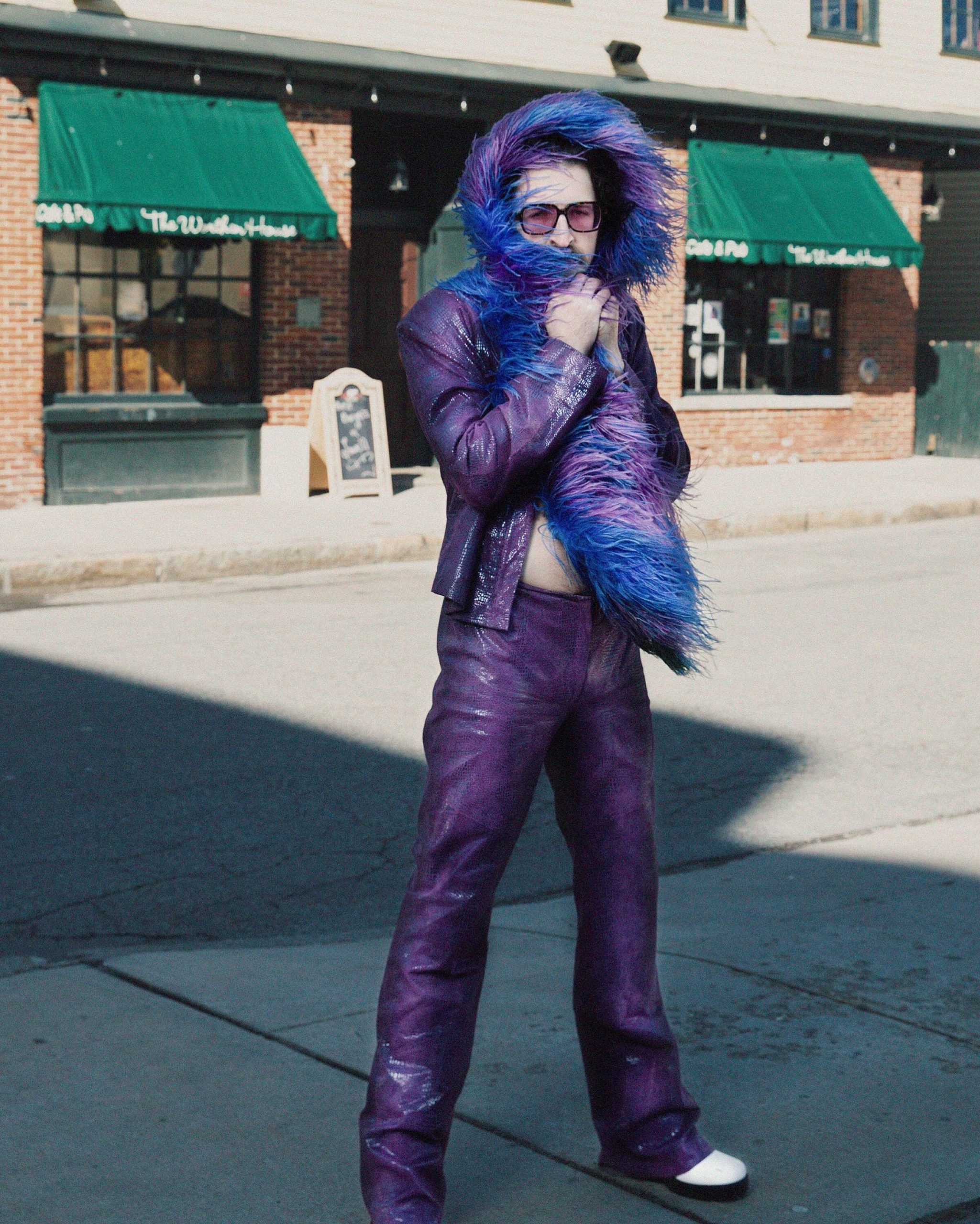 Bold Purple Sequined Set with Faux Fur Scarf Bold Purple Sequined Set with Faux Fur Scarf — Purple Leather Outfits 2027