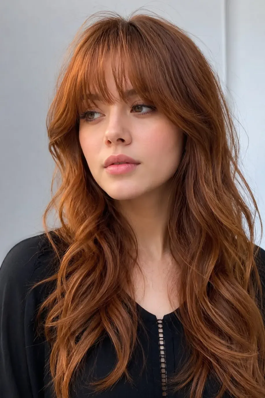 Long Copper Red Waves With Soft Bangs Long Copper Red Waves With Soft Bangs — Soft Bangs 2027