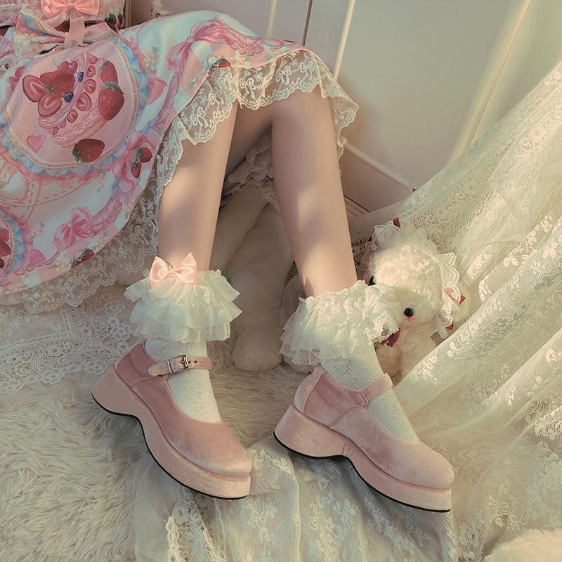 Ruffled Socks with Satin Bows and Velvet Platforms for Kawaii Coquette Style Ruffled Socks with Satin Bows and Velvet Platforms for Kawaii Coquette Style — Coquette Socks Outfits 2027