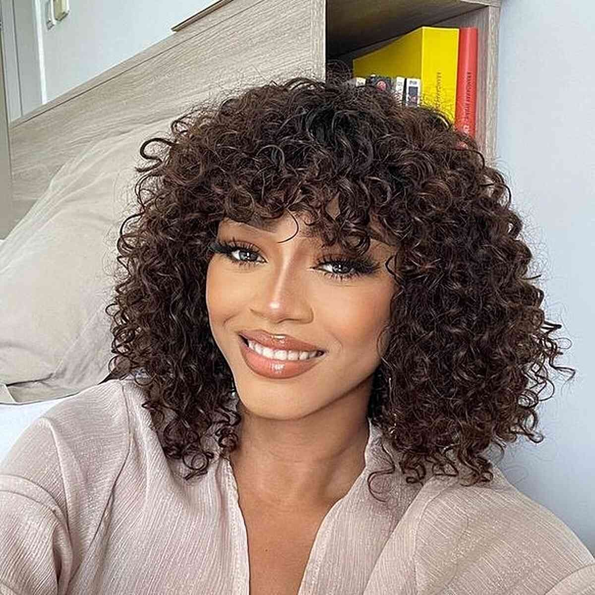 Dark Brown Bob With Full Curly Bangs Dark Brown Bob With Full Curly Bangs — Curly Hairstyles 2027 with Weave