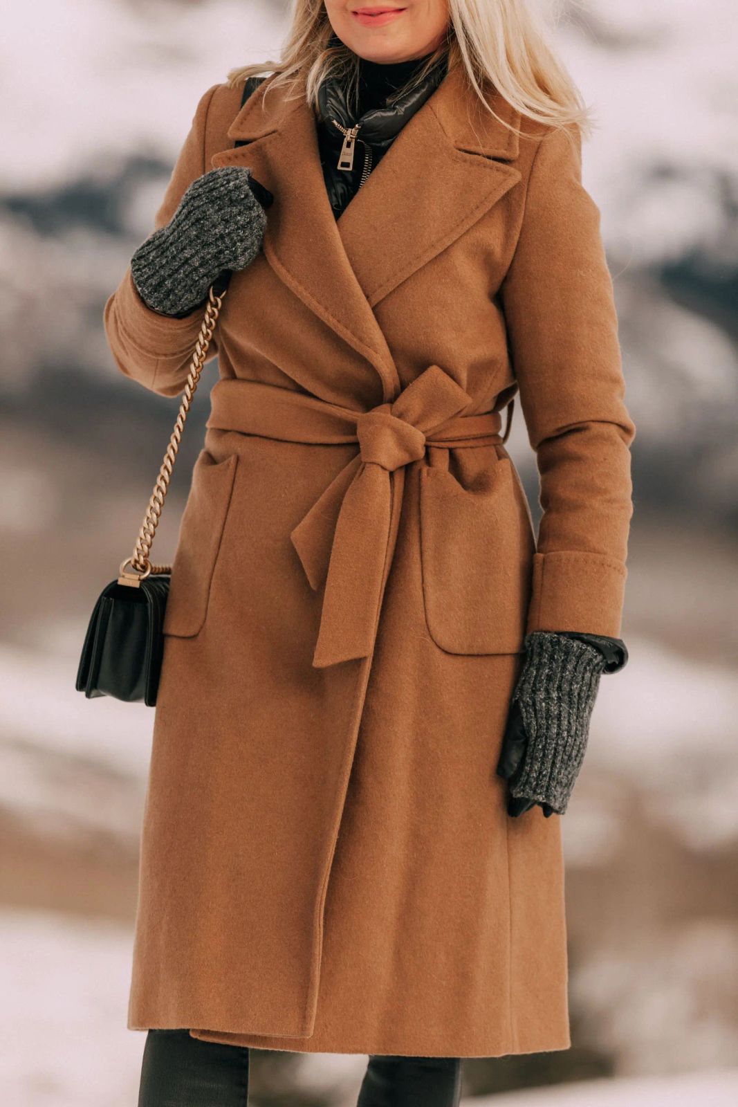 Tie-Waist Coat with Black Layers and Quilted Handbag — Layered Winter Outfits 2027