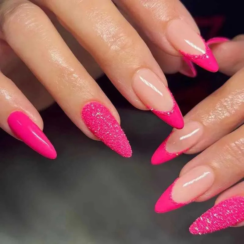 French Tips Glitter On Accent Nails Visual Idea French Tips Glitter On Accent Nails Visual Idea — Long Almond Pink Nails Ideas 2027