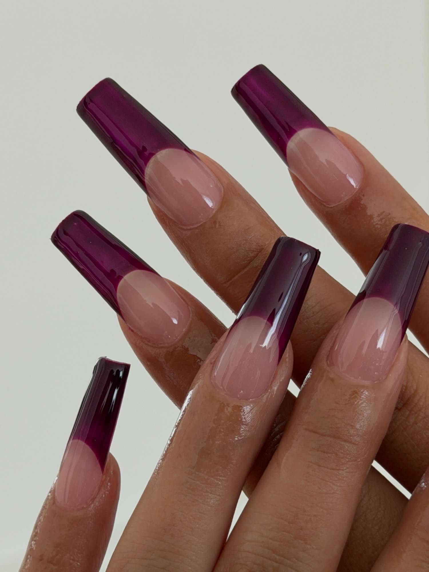 Sheer Pink Base with Deep Purple French Tip — Long Coffin Nails 2027