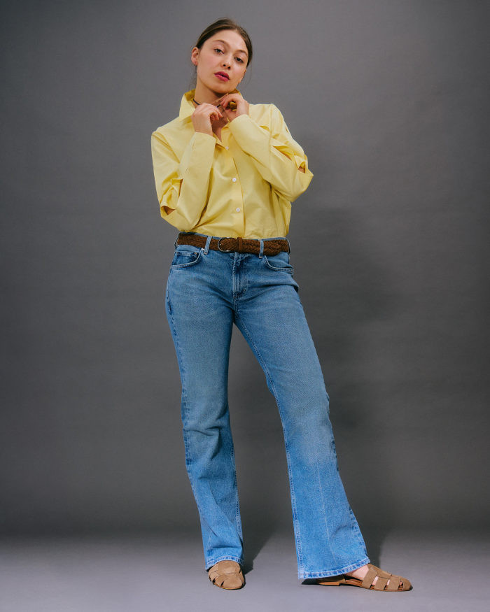 Light Blue Bootcut Jeans with a Yellow Cut-Out Shirt — Work Bootcut Jeans Outfits 2027