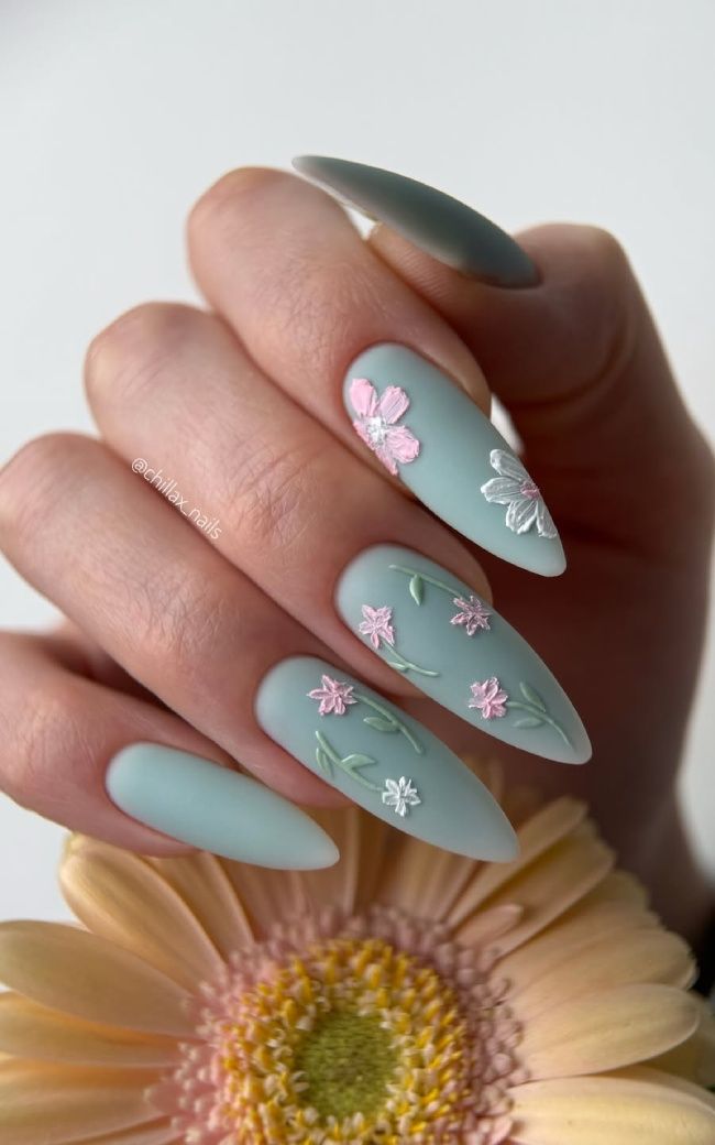 Matte Sage Green 3D Floral Stilettos Matte Sage Green 3D Floral Stilettos — Floral Stiletto Nails 2027