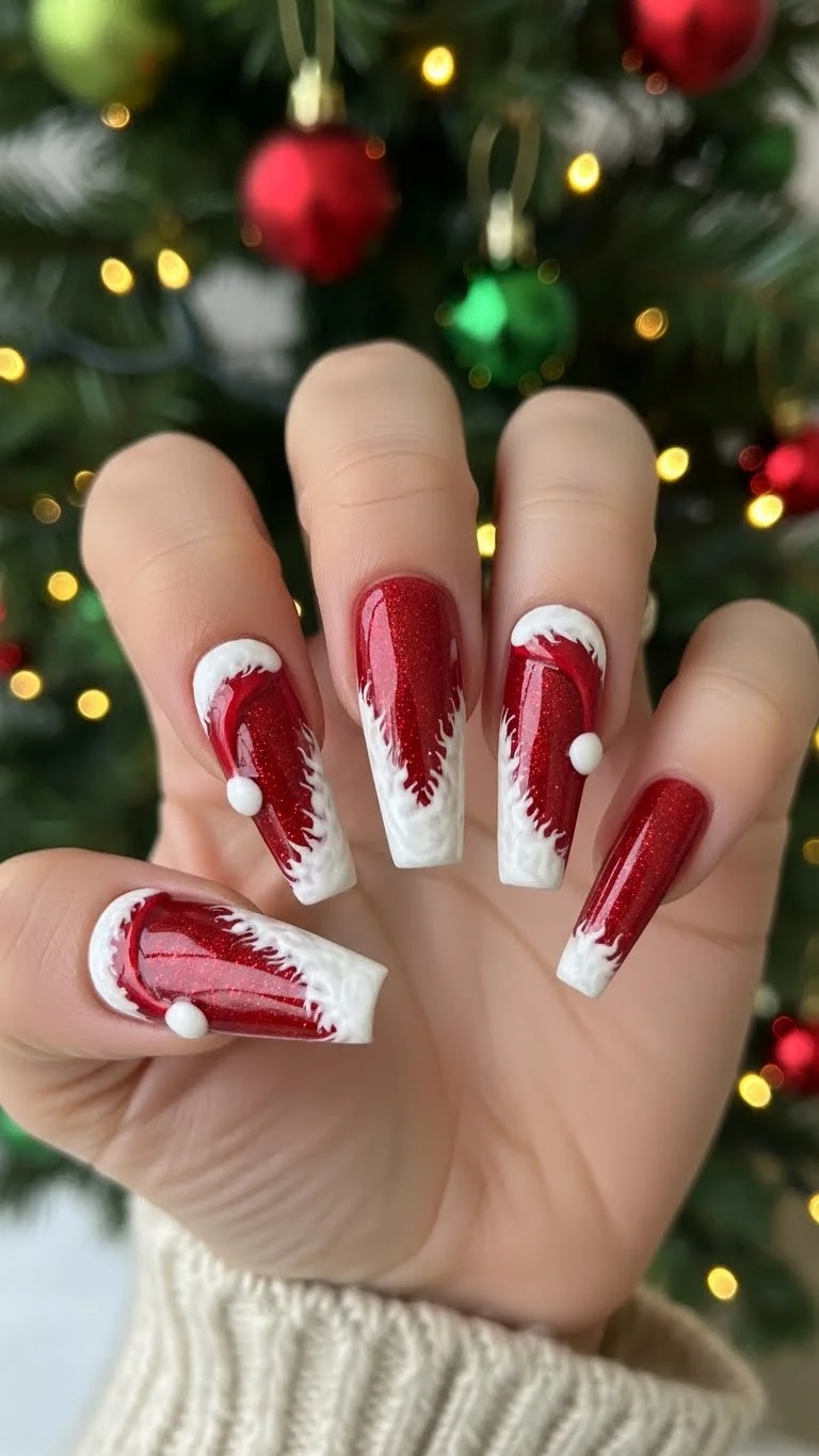 Santa Hat Design On All Nails Visual Idea — Long Christmas Nails 2026