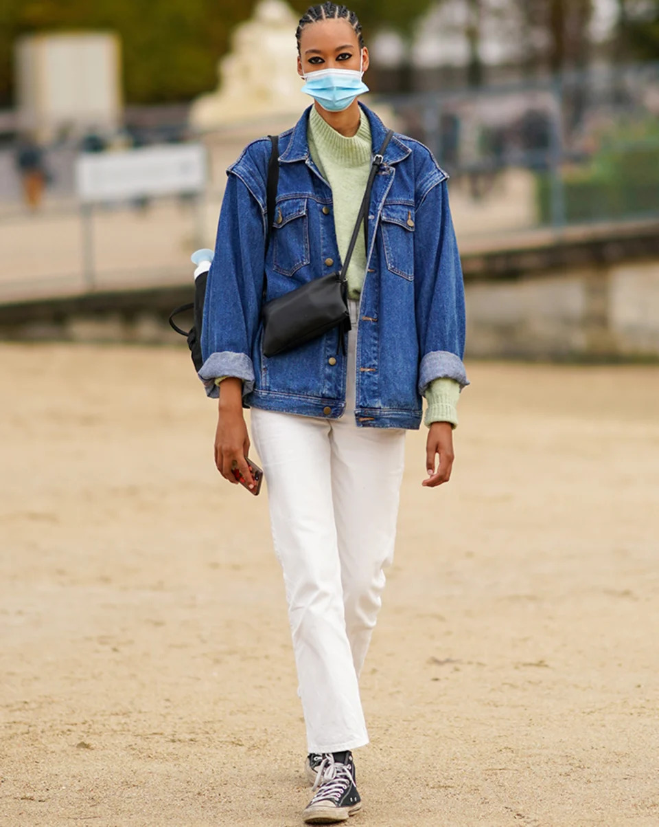 Oversized Denim Jacket with White Pants and Sneakers — Denim Jacket Outfits 2027