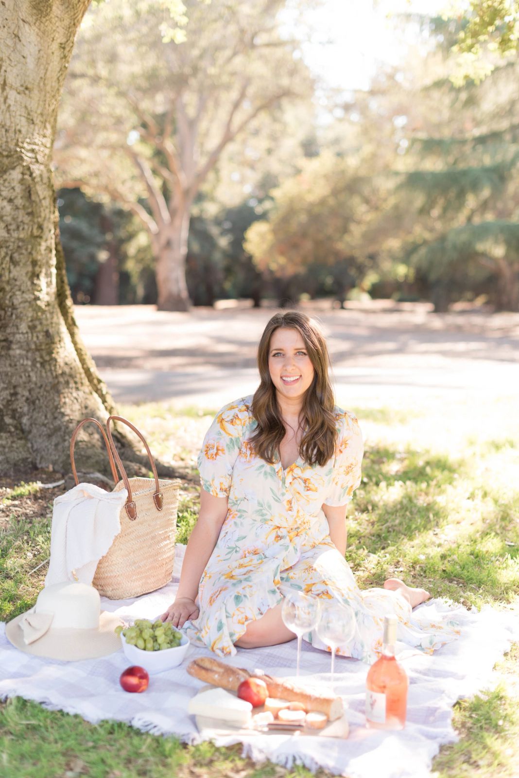 Light Blue Floral Midi Dress with Puff Sleeves for Outdoor Picnics — Midi Picnic Dress 2027