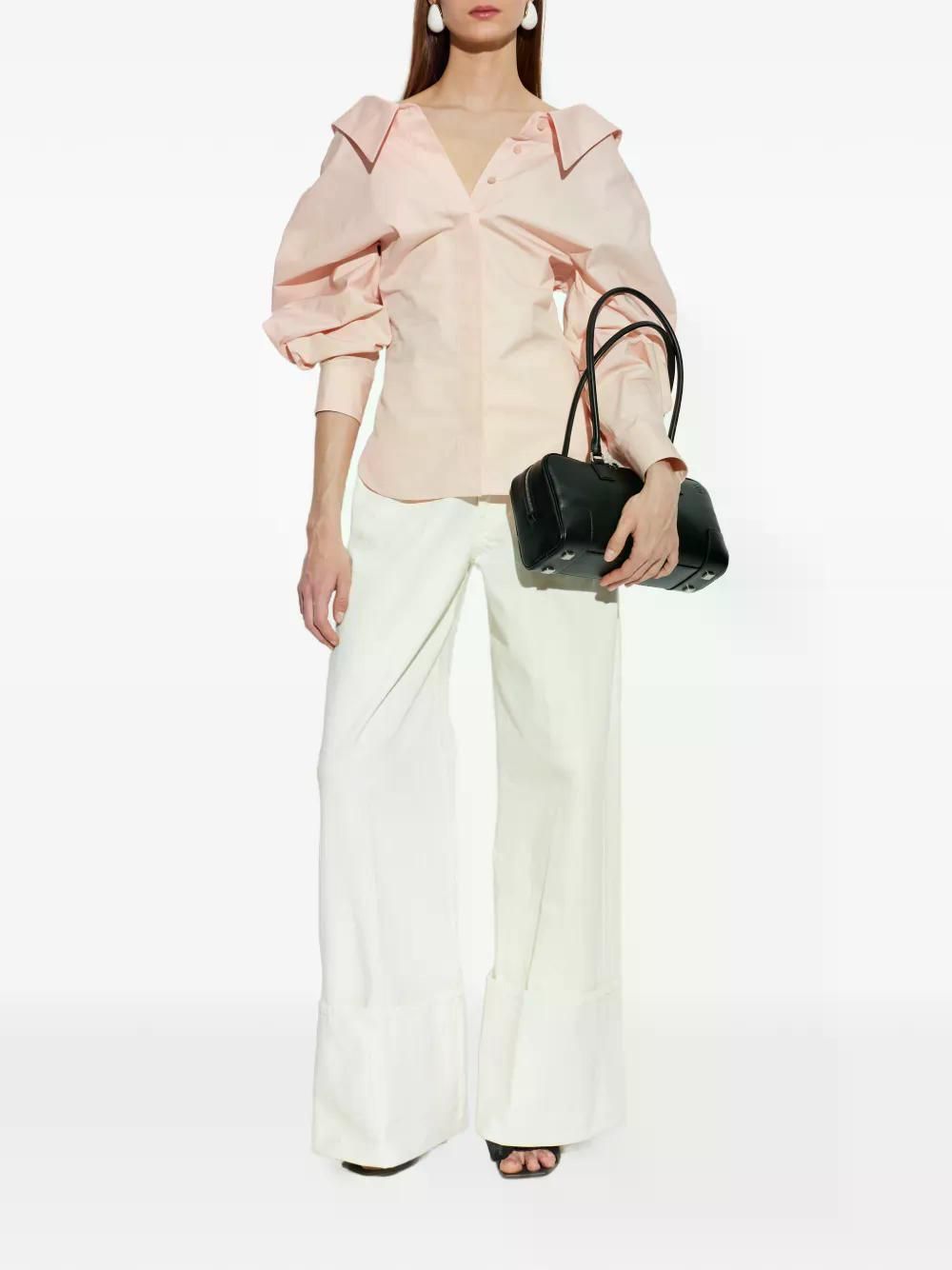 Pale Pink Puff Sleeve Blouse with Oversized Collar and Off-White Trousers Pale Pink Puff Sleeve Blouse with Oversized Collar and Off-White Trousers — Puff Sleeve Blouse Outfits 2027