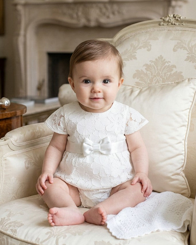 White Lace Romper with Prominent Satin Bow — Christening Outfits 2027