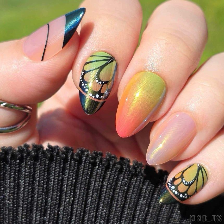 Iridescent Green Yellow Butterfly Almonds — Short Butterfly Almond Nails 2027