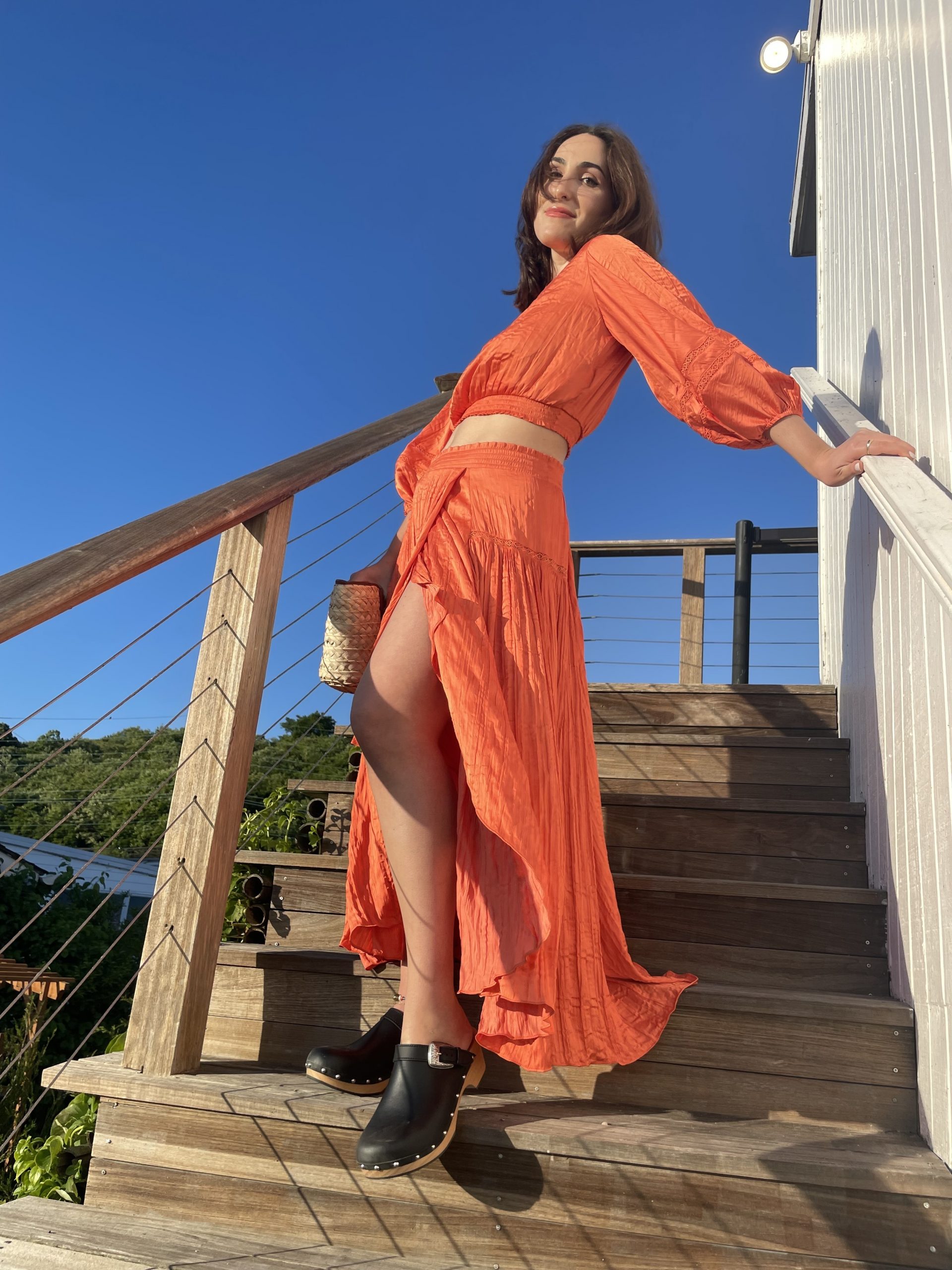 Vibrant Orange Two-Piece Set with Wrap Skirt Vibrant Orange Two-Piece Set with Wrap Skirt — Summer Photoshoot Outfits 2027