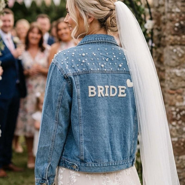 Personalized Bridal Style: 'BRIDE' Embellished Denim Jacket Personalized Bridal Style: 'BRIDE' Embellished Denim Jacket — Bride Bachelorette Outfits 2027