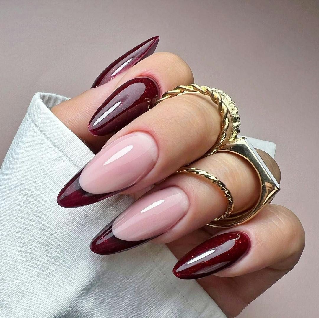 Deep Red French Tip Long Stiletto Nails Deep Red French Tip Long Stiletto Nails — Dark Red Nails 2027