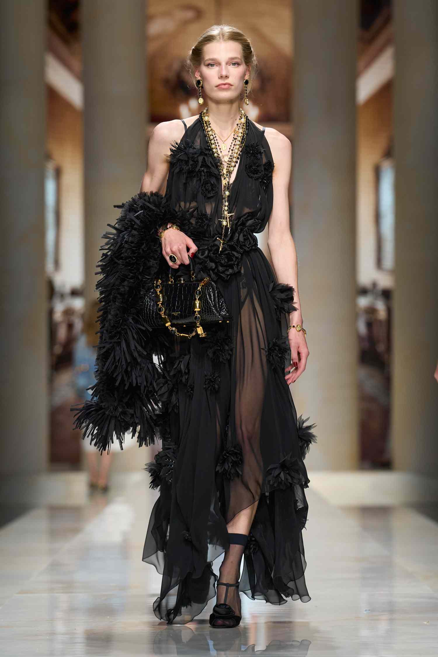 Sheer Chiffon Maxi Dress with Floral Appliques and Feather Boa for Evening Events — Vacation Dresses 2027