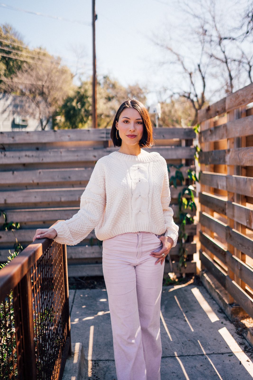Textured Cream Sweater and Pink Pants for a Soft Winter Vibe Textured Cream Sweater and Pink Pants for a Soft Winter Vibe — Winter Outfits Warm Climate 2027
