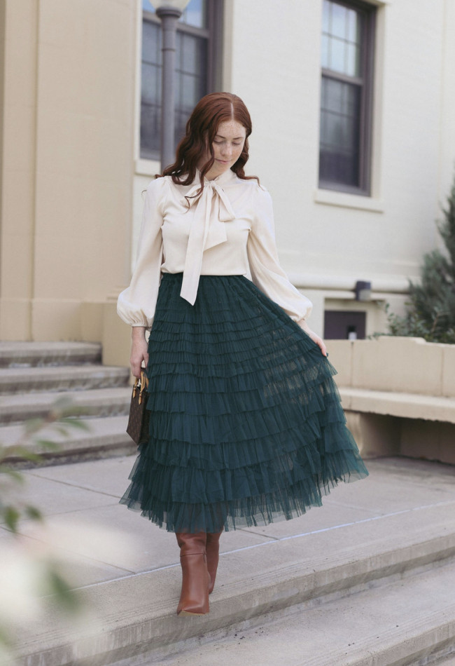 Cream Pussy-Bow Blouse with Dark Green Tiered Tulle Skirt — Green Christmas Outfits 2026