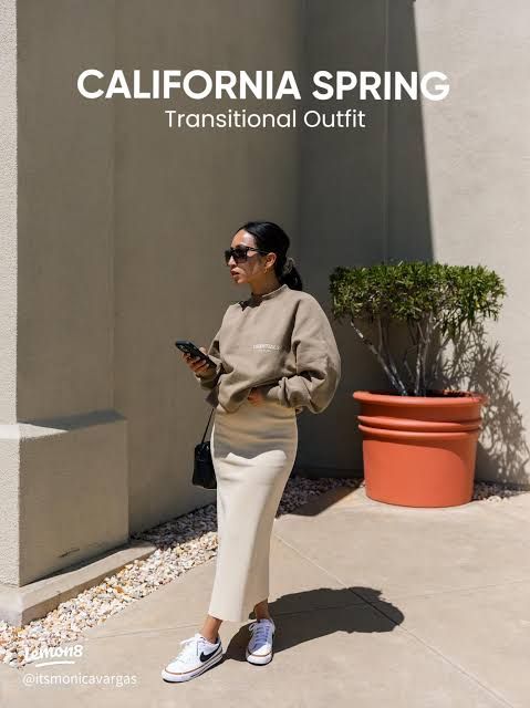 Beige Sweatshirt with Knit Midi Skirt — Beige Spring Outfits 2027