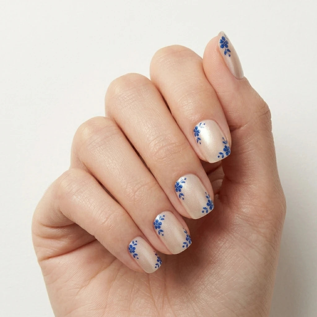 Nude Base Blue Chrome Accent Almond Nails Nude Base Blue Chrome Accent Almond Nails — Short Press On Nails 2027