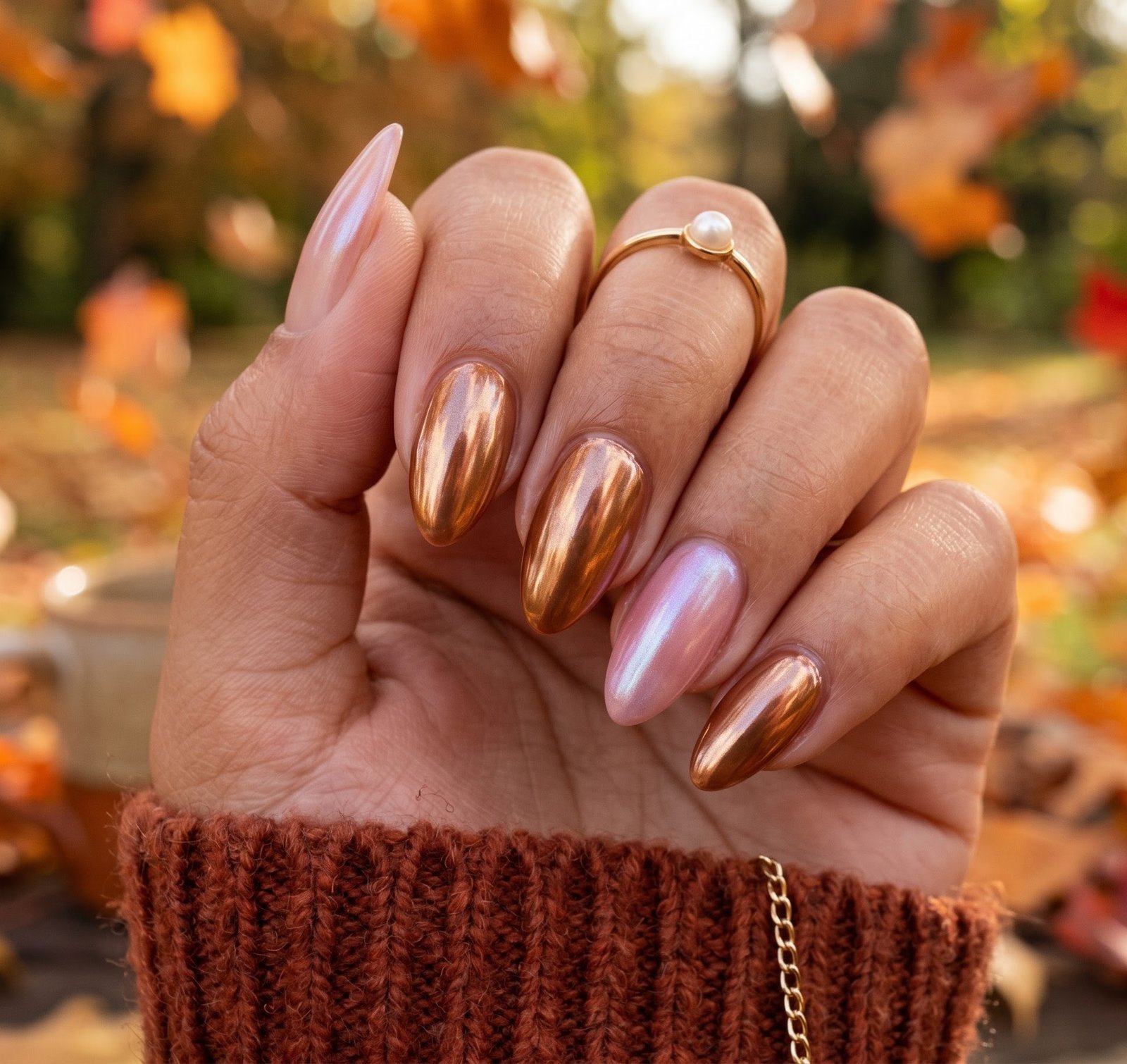 Bronze Rose Gold Chrome Almond Nails Bronze Rose Gold Chrome Almond Nails — Short Fall Nails 2026