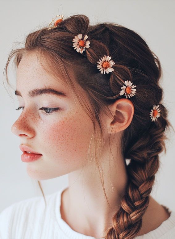 Dark Brown French Braid with Daisy Accents — Flower Crown Hairstyles 2027