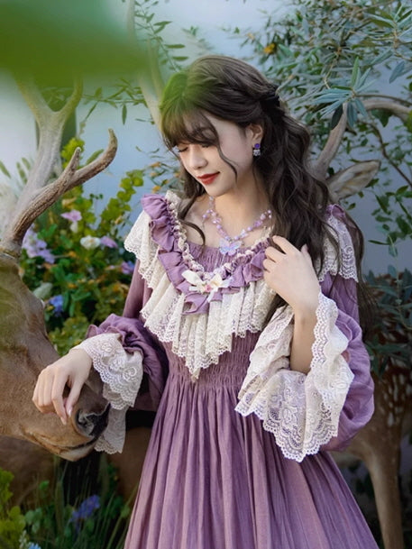 Lavender Dress with Lace Trim and Neckline Bow Detail Lavender Dress with Lace Trim and Neckline Bow Detail — Bows and Lace Outfits 2027
