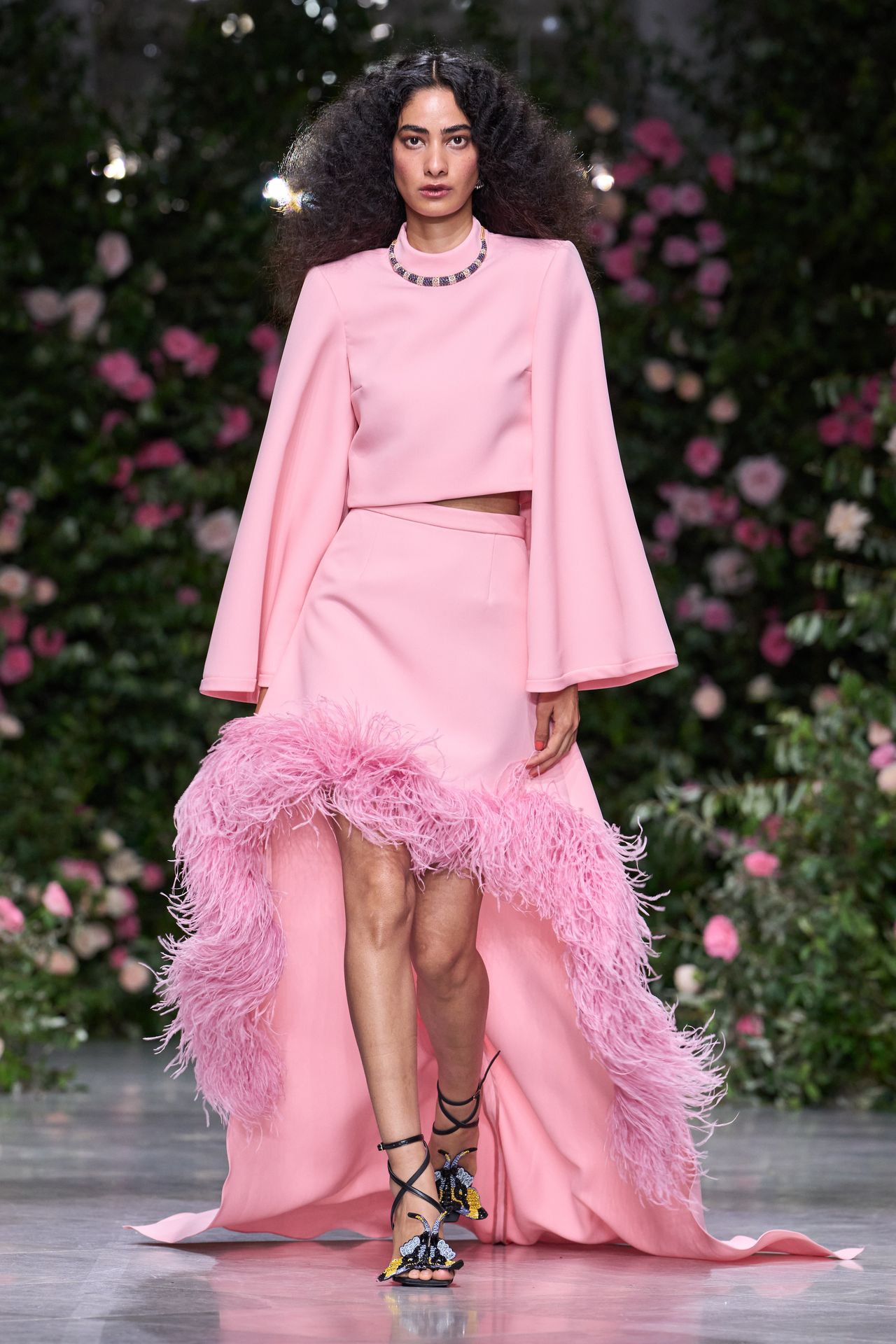 Light Pink Cropped Top and Feather-Trim Skirt for Avant-Garde Style — Pink Outfits 2027