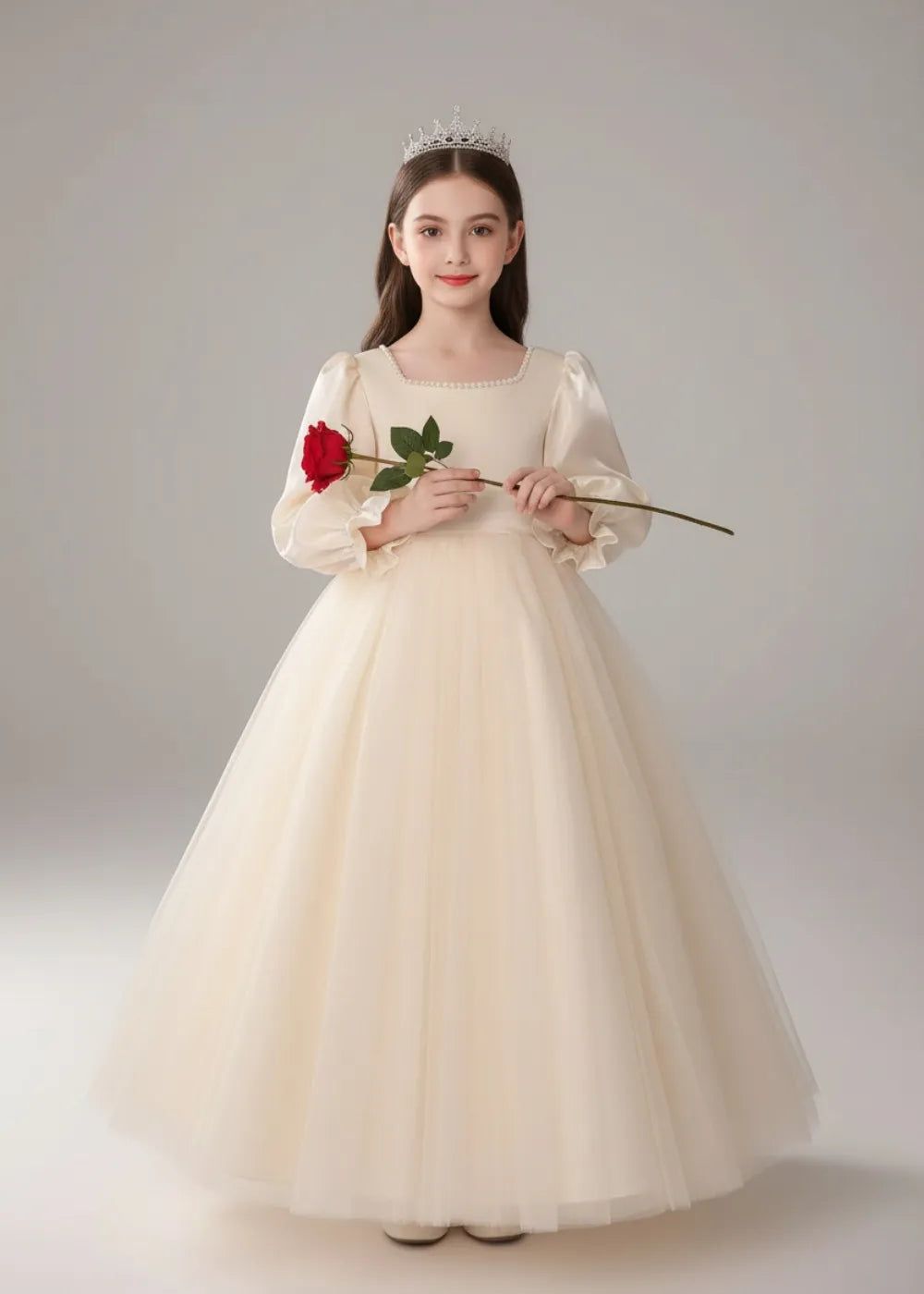Cream Ballgown with Puff Sleeves and Tulle Skirt Cream Ballgown with Puff Sleeves and Tulle Skirt — Junior Bridesmaid Dress 2027