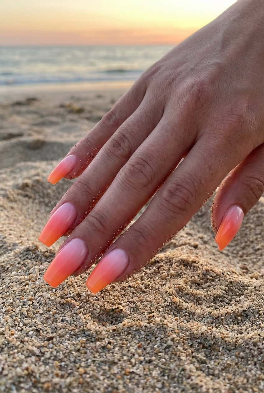 Glossy Long Coffin Pink Orange Gradient Glossy Long Coffin Pink Orange Gradient — Pink and Orange Sunset Nails 2027