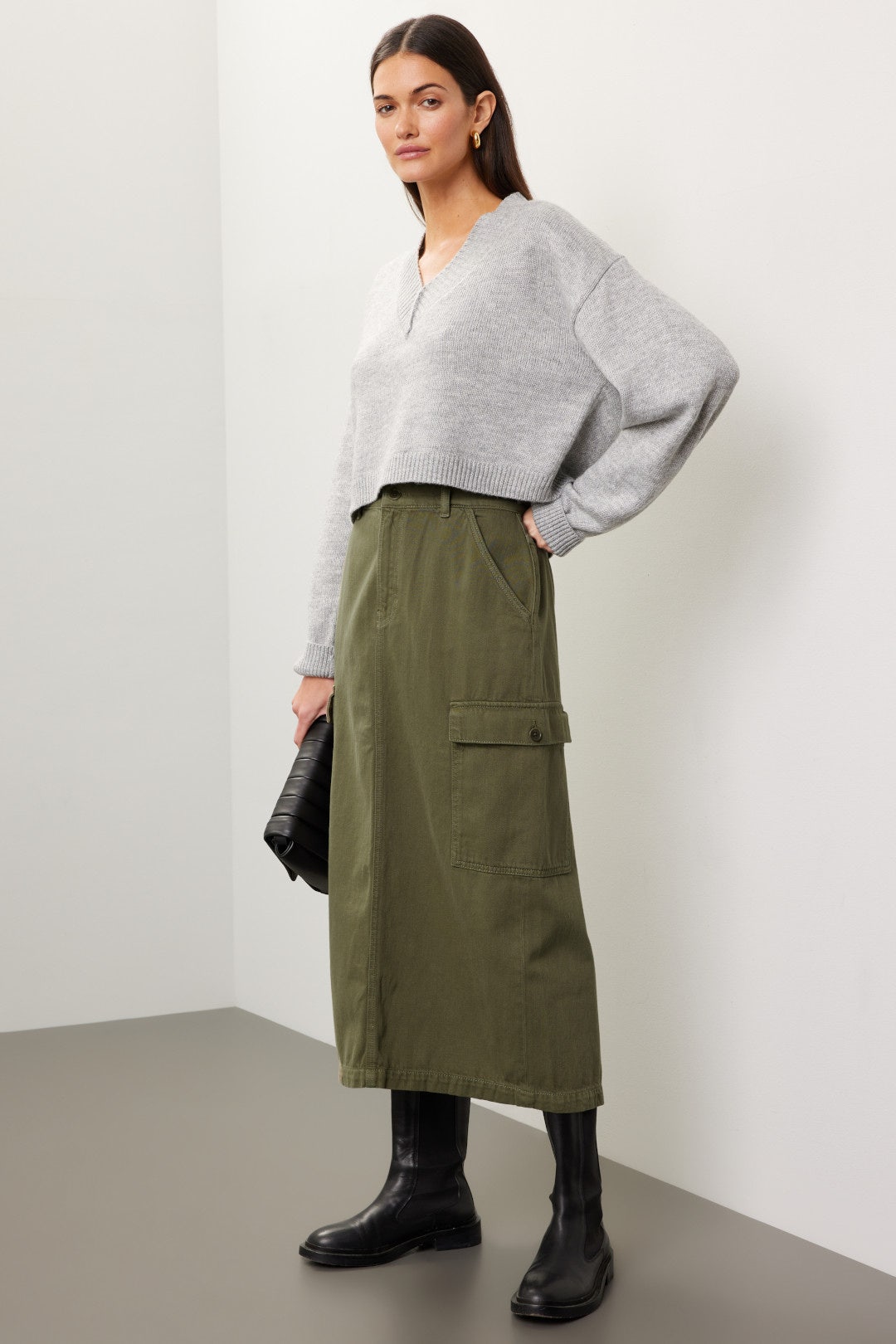 Relaxed Olive Green Midi Cargo Skirt with Cropped Sweater — Cargo Skirts 2027