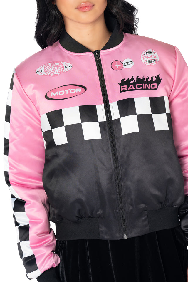 Satin Bomber Jacket with Racing Patches and Checkered Pattern — NASCAR Outfits 2027