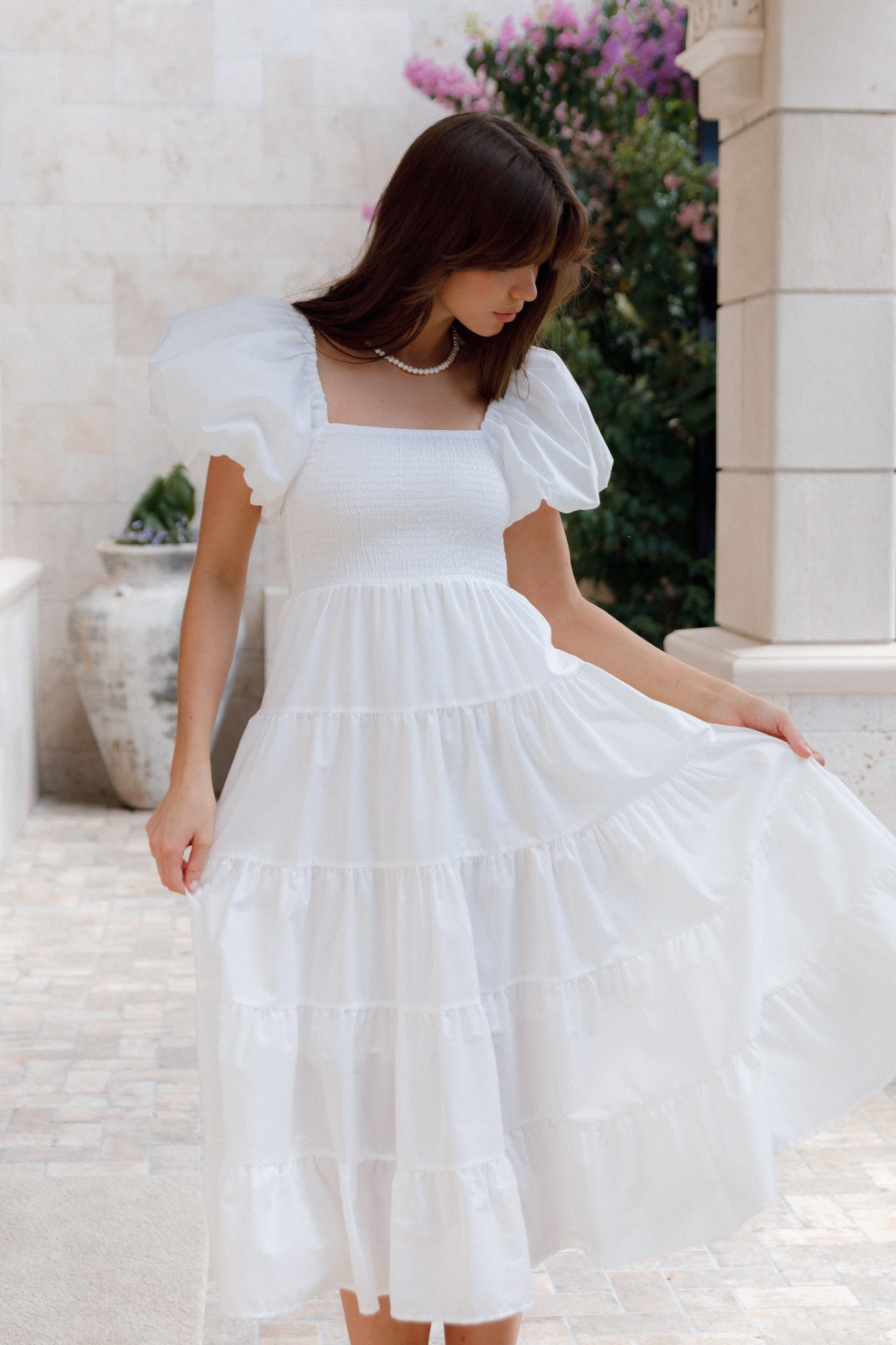 Casual White Cotton Midi with Smocked Bodice and Puff Sleeves Casual White Cotton Midi with Smocked Bodice and Puff Sleeves — Puff Sleeve Dresses 2027