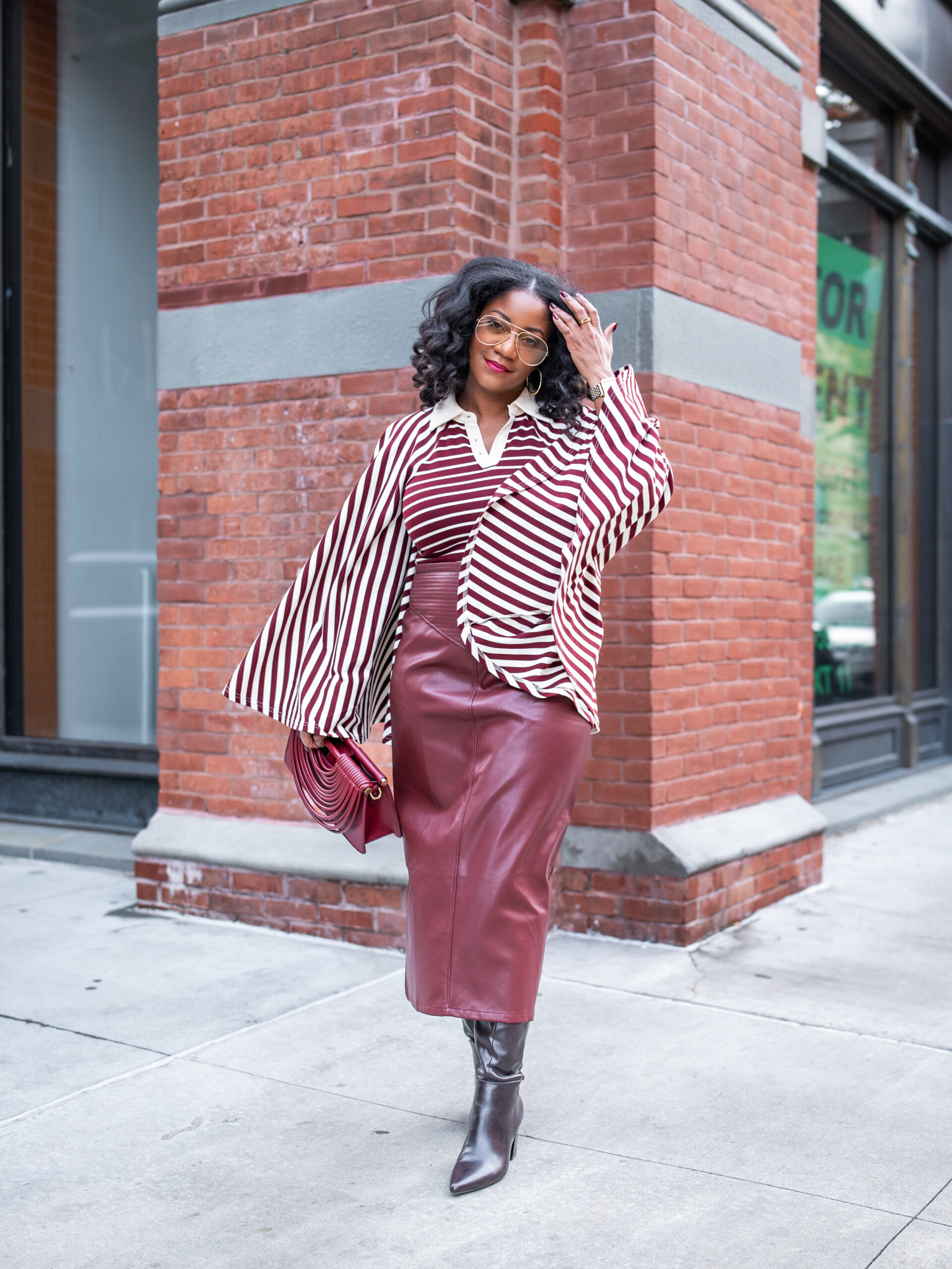 Smart Casual Burgundy Leather Pencil Skirt with Striped Blouse — Burgundy Outfits 2027